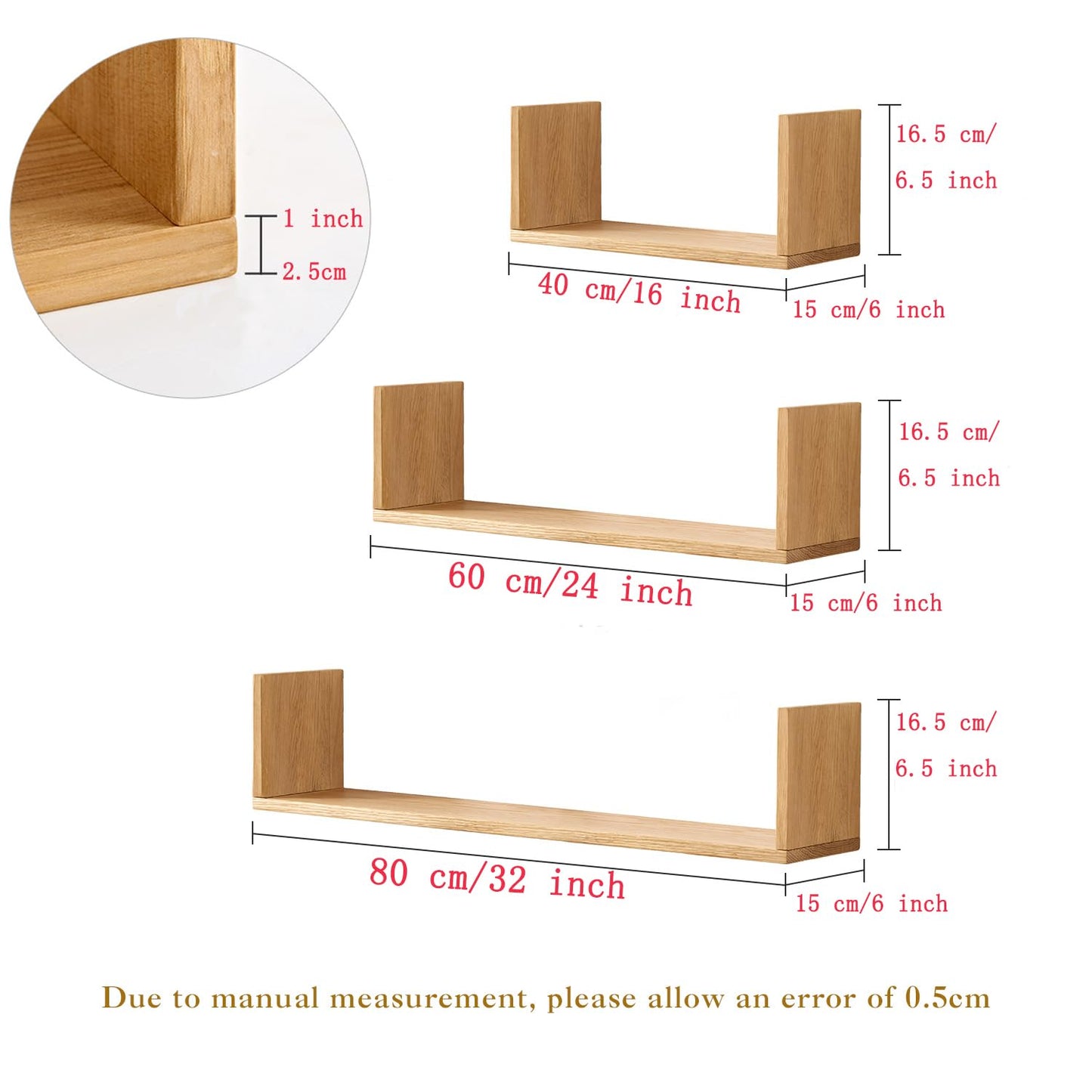 OAKERLAND Solid Oak Floating Shelf 40cm U-Shaped Wooden Wall Shelf for Living Room, Bedroom & Office Décor