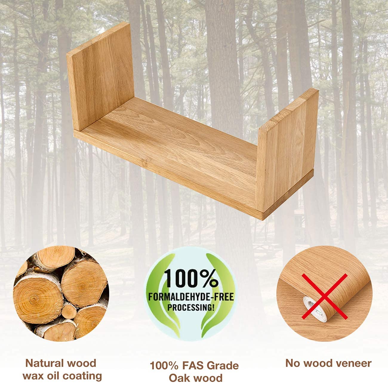 OAKERLAND Solid Oak Floating Shelf 40cm U-Shaped Wooden Wall Shelf for Living Room, Bedroom & Office Décor