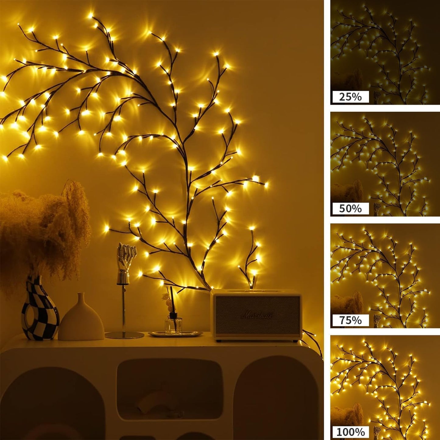 Willow Vine Twig Lights – 2-Pack | 7.5FT Bendable Branches | 144 Warm White LEDs | USB Powered with Remote & 8 Modes