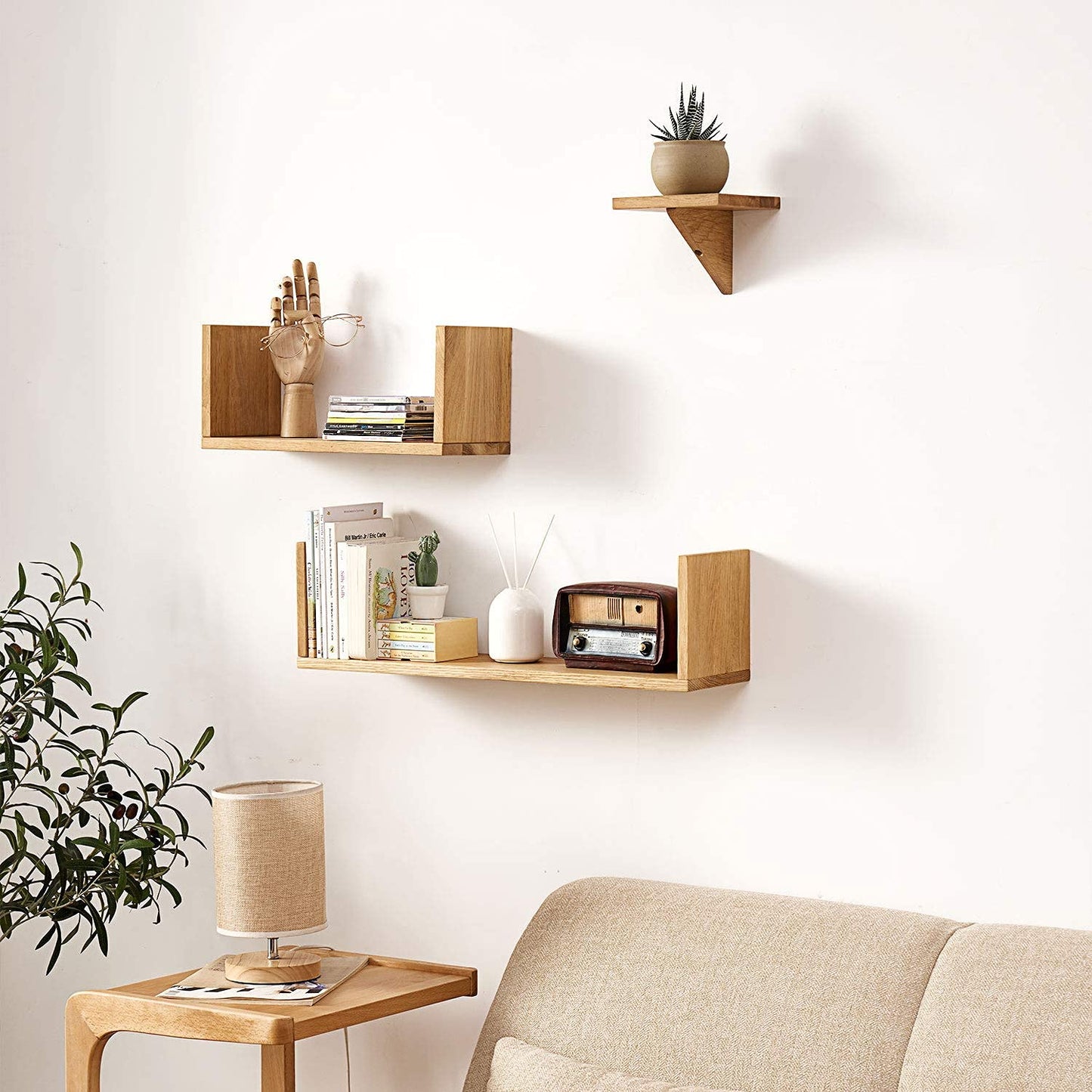 OAKERLAND Solid Oak Floating Shelf 40cm U-Shaped Wooden Wall Shelf for Living Room, Bedroom & Office Décor