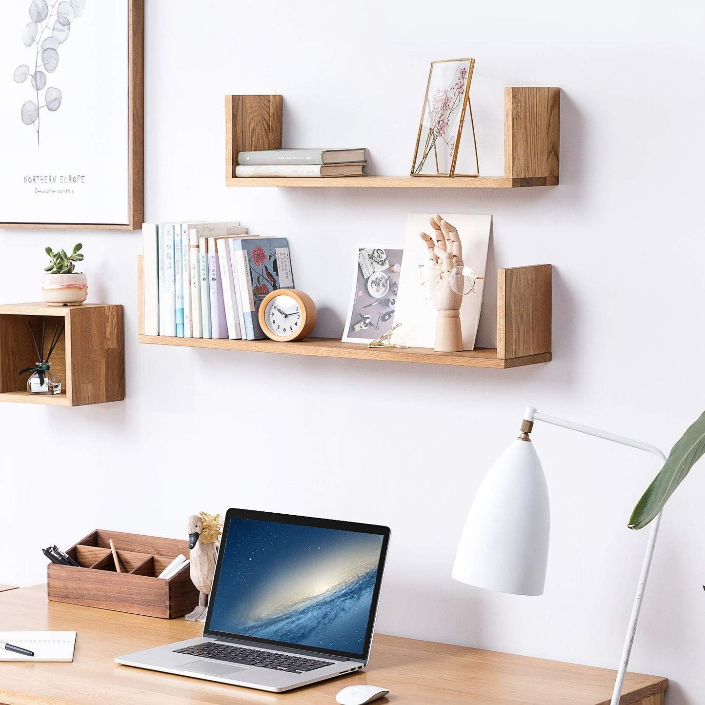 OAKERLAND Solid Oak Floating Shelf 40cm U-Shaped Wooden Wall Shelf for Living Room, Bedroom & Office Décor