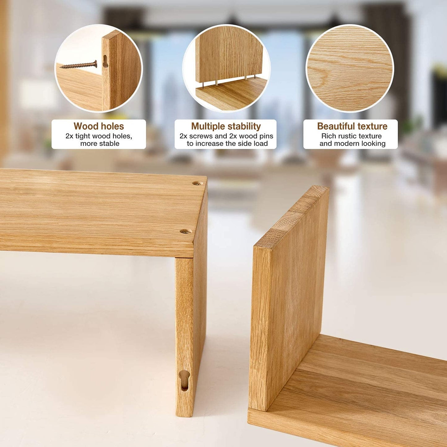 OAKERLAND Solid Oak Floating Shelf 40cm U-Shaped Wooden Wall Shelf for Living Room, Bedroom & Office Décor